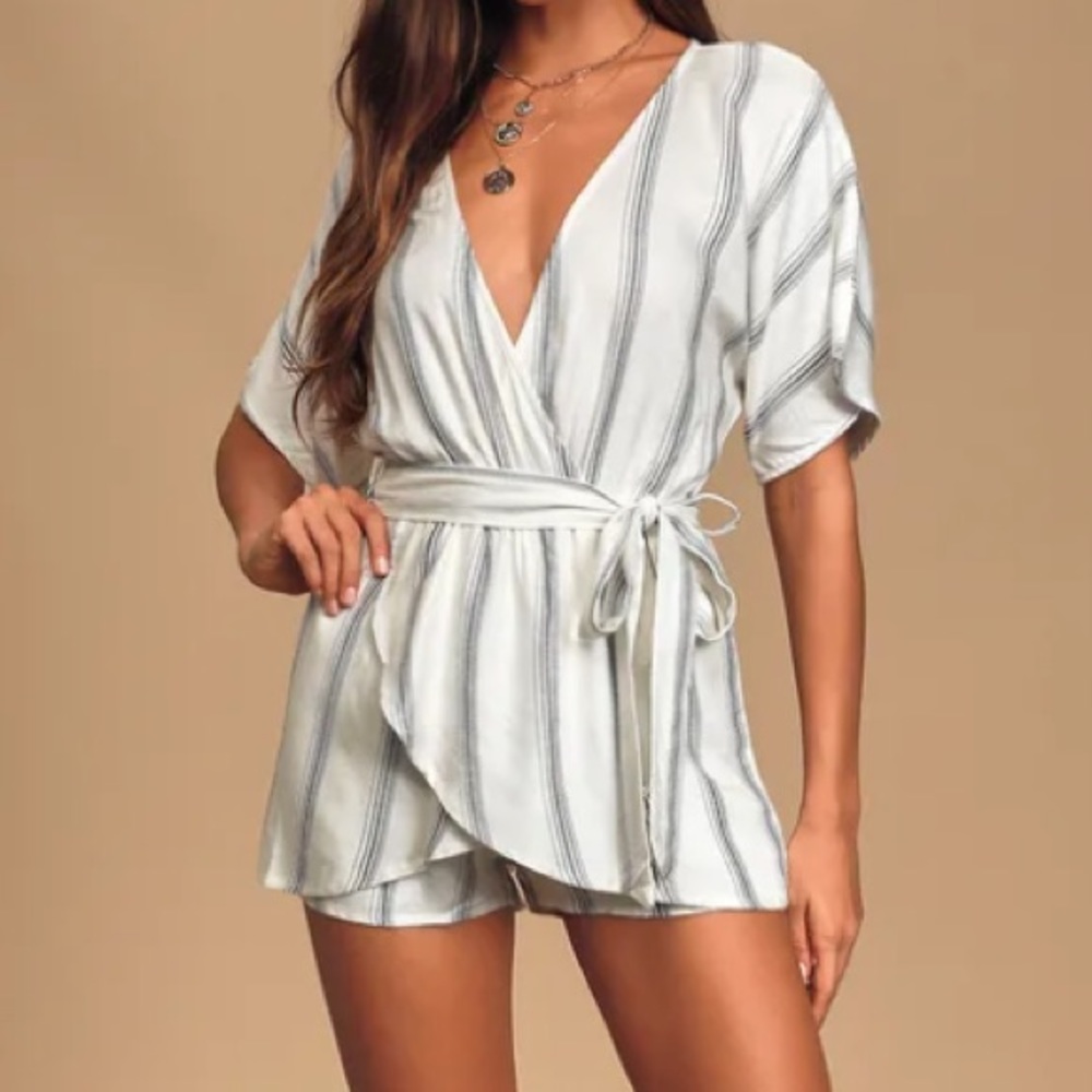 Lulus Climb Aboard Grey and White Striped Romper